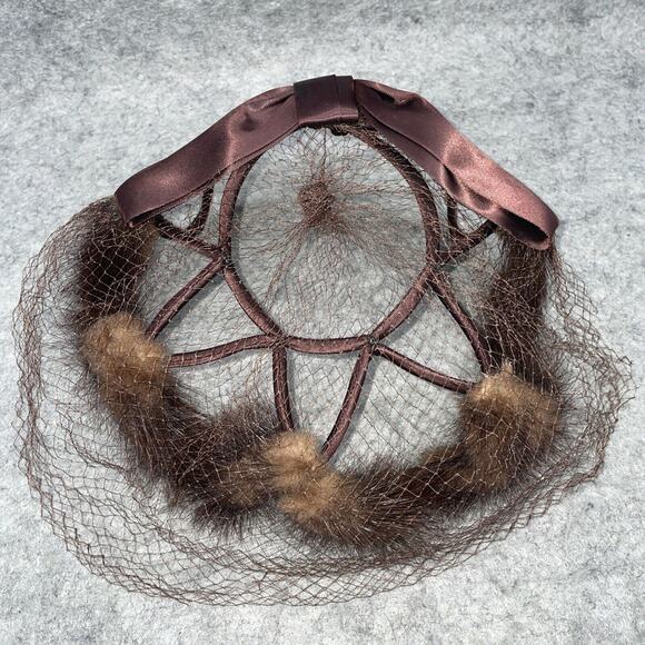 Vintage 1960s Brown Satin Bow Fascinator Hat with a Flocked Veil, Whimsical Mini